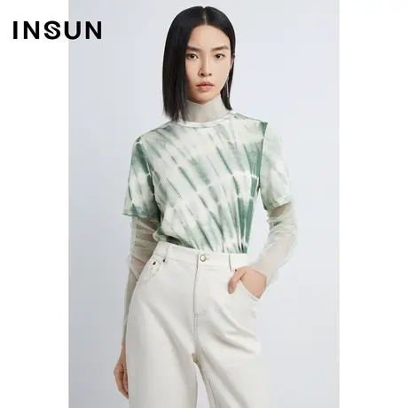 恩裳春季高领薄款拼接网纱感衬衫图片