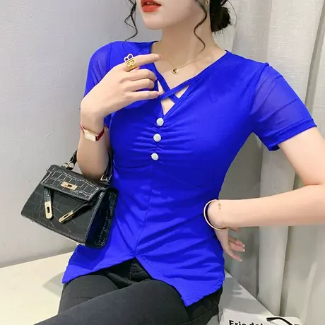 欧货网纱T恤女短袖性感镂空V领小衫夏季紧身洋气上衣别致百搭半袖图片