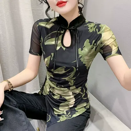 复古盘扣T恤女短袖夏季中国风气质网纱小衫性感镂空不规则上衣ins商品大图