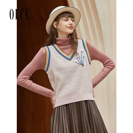 Oece冬装新款减龄V领针织衫上衣秋刺绣内搭毛衣背心商品大图