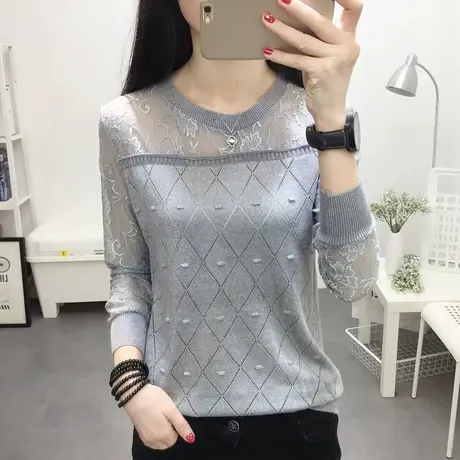 圆领春秋新款镂空针织衫女蕾丝拼接薄款打底衫宽松外穿长袖上衣女商品大图