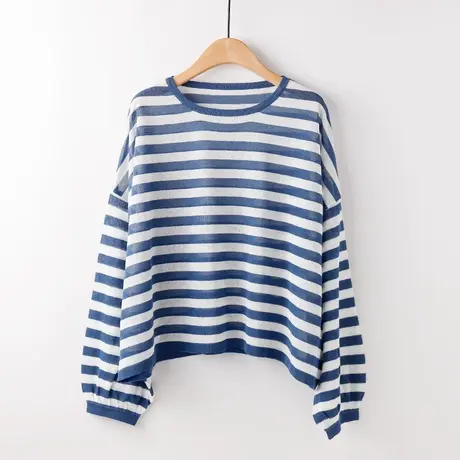 春装长袖t恤女夏季薄款宽松条纹防晒罩衫撞色短款大码早秋针织衫图片