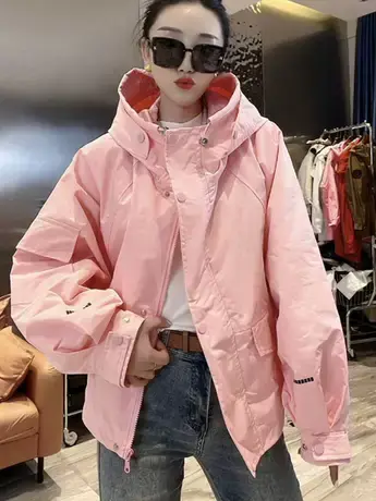 休闲工装外套女短款韩版宽松上衣连帽小个子风衣百搭纯色长袖夹克商品大图