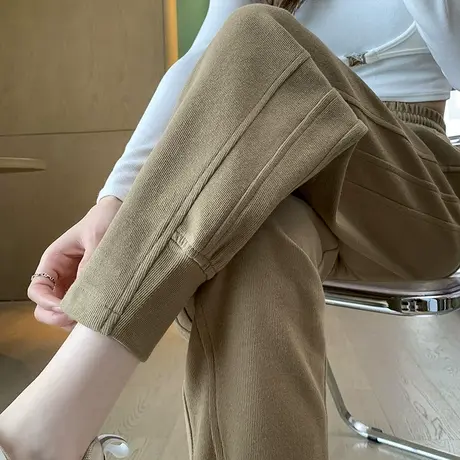 加绒灰色运动裤女宽松束脚春秋冬季休闲卫裤高腰小个子小脚萝卜裤商品大图