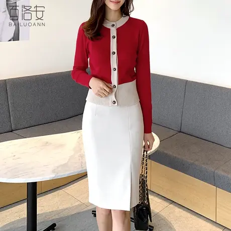 百洛安圆领撞色针织衫开衫女春季新款韩范气质显瘦短款毛衫薄外套图片