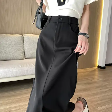 冰丝半身裙女2023春夏季薄款黑色显瘦垂感高腰开叉中长款a字裙子图片