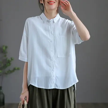 dza 纯棉白色气质女式衬衫2022年夏季新薄款上衣宽松短袖漂亮衬衣图片