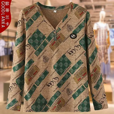 加肥加大码女中老年人V领长袖上衣中年妈妈装春秋季长袖T恤打底衫商品大图