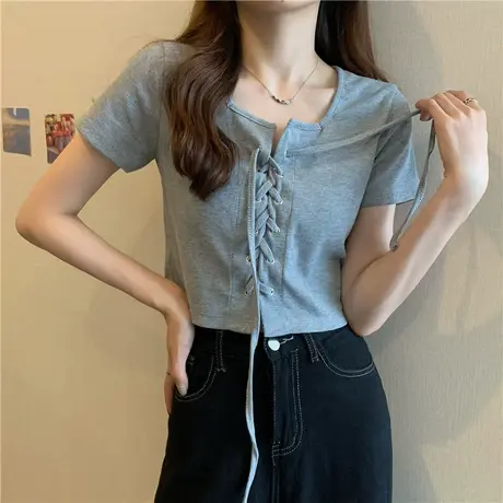 辣妹露脐系带短袖T恤女夏季胖mm大码显瘦韩版百搭方领短款上衣潮商品大图
