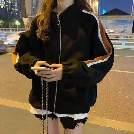 oversize卫衣女2023新款秋冬宽松设计感小众上衣加绒加厚开衫外套图片