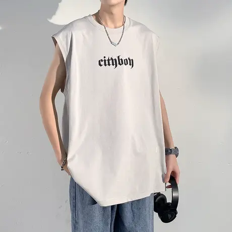 潮牌男士纯棉全棉无袖圆领印花T恤无袖背心坎肩夏季夏天宽松衣服商品大图