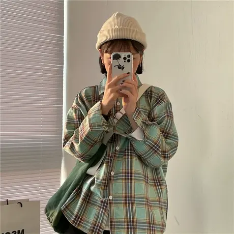2023春装新款韩版复古学院风宽松bf百搭格子长袖衬衫衬衣女外套图片