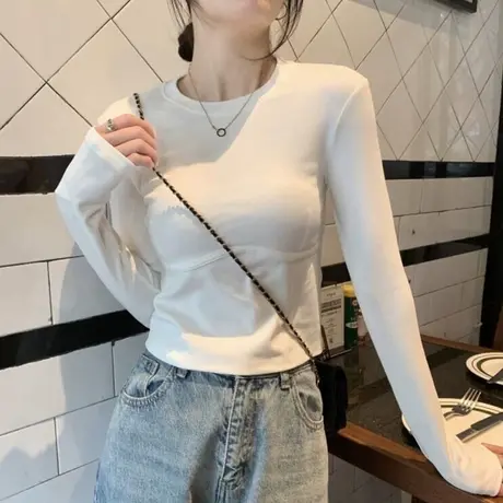 纯色简约短款T恤长袖女初秋韩版修身显瘦小个子内搭打底小衫上衣商品大图