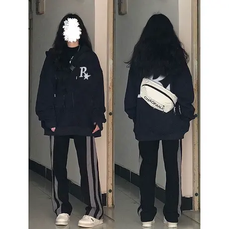 vintage学院风卫衣大码连帽外套宽松帽衫潮ins复古休闲加绒上衣女商品大图