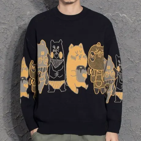 小众设计师小熊小清新提花圆领毛衣男针织衫外穿内搭美式毛衫情侣图片