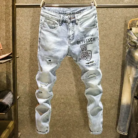 浅蓝色潮牌破洞牛仔裤男弹力修身小脚裤高端手工烫钻个性补丁裤子图片