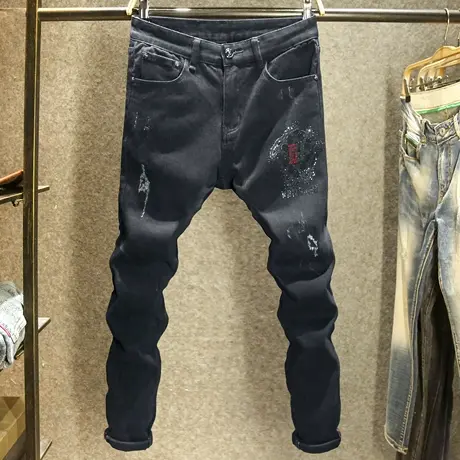 个性潮流黑色男士牛仔裤潮牌修身小脚裤秋季高端大牌镶钻潮男裤子商品大图