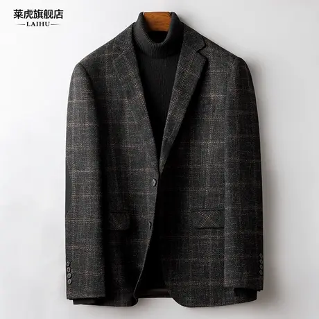 呢子休闲西装男士外套秋冬季韩版修身时尚格子复古补丁小西服上衣商品大图