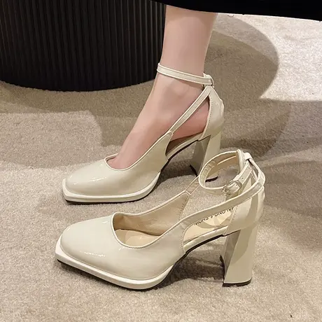 欧美性感镂空漆皮高跟鞋2023春夏季新款一字扣带防水台粗跟单鞋女商品大图