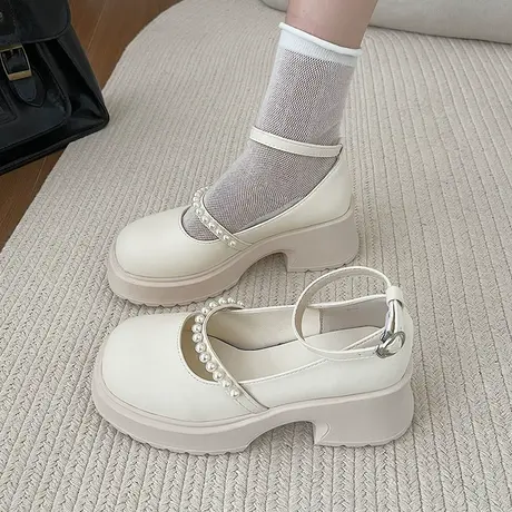 白色粗跟单鞋厚底小皮鞋女秋2023新款法式复古松糕配裙子玛丽珍鞋商品大图