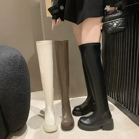 过膝靴女2023春秋季新款超火法式小个子粗腿显瘦靴子粗跟高跟长靴图片