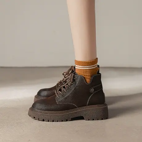 棕色马丁靴女复古英伦风2023年秋冬新款加绒厚底百搭粗跟短筒短靴图片