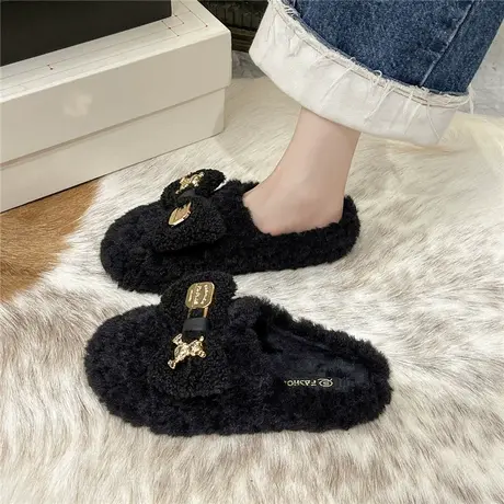 欧货毛毛拖鞋女外穿法式慵懒风2023年秋冬新款包头蝴蝶结穆勒棉拖商品大图