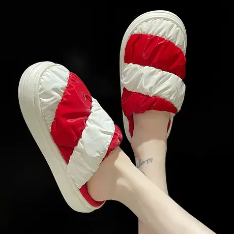 羽绒防水棉拖鞋女冬季室内居家防滑时尚拼色厚底毛绒保暖包头拖鞋商品大图