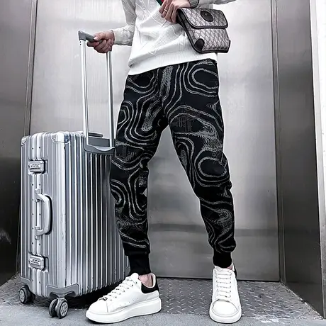 秋冬花色加厚男裤撞色涂鸦设计感修身束脚长裤个性哈伦小脚休闲裤商品大图