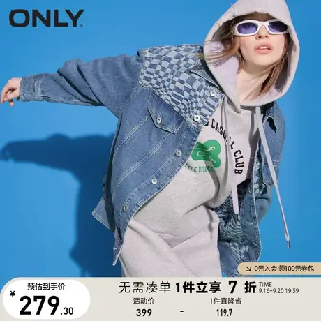 ONLY奥莱2022冬季新款宽松棋盘格短款落肩牛仔短款外套商品大图