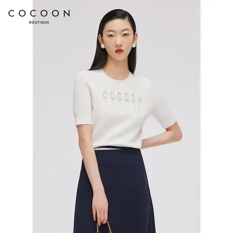 COCOON商场同款气质白色短袖t恤女2023新款春季气质修身针织上衣商品大图