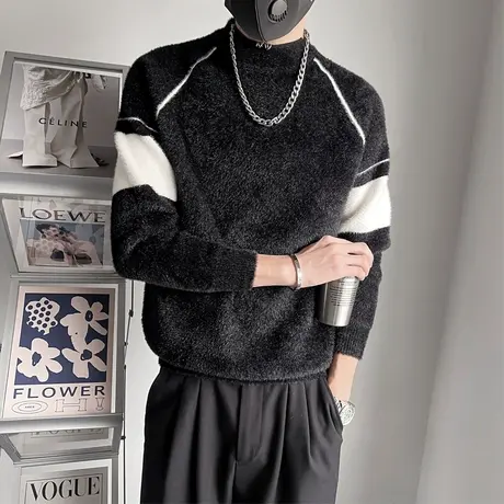 半高领毛衣男冬季2023新款潮流撞色高级感时尚修身保暖水貂绒线衣商品大图