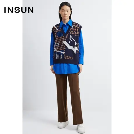 INSUN恩裳冬季宽松直身提花千鸟格羊毛针织衫图片