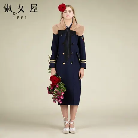 淑女屋女装冬装藏蓝色毛领呢子大衣女中长款过膝毛呢大衣商品大图