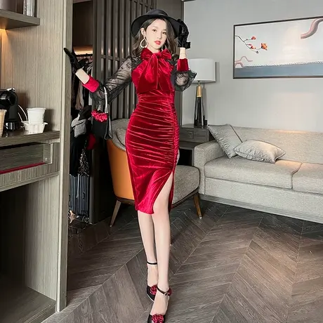 丝绒新年裙长袖拼接褶皱包臀连衣裙酒红色年宴会气质敬酒晚礼服女图片