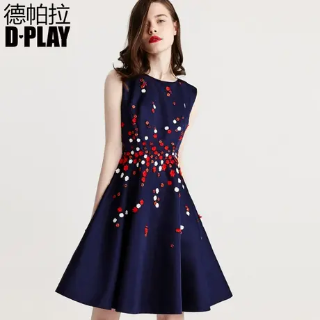 DPLAY德帕拉秋冬新款藏青色手工订珠片花朵礼服修身显瘦A字礼服裙商品大图