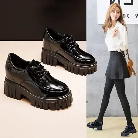 黑色乐福鞋女2024秋冬新款厚底单鞋小个子内增高女鞋学院风小皮鞋商品大图