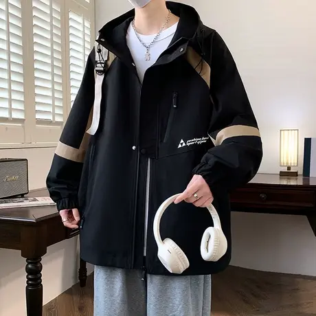 冲锋衣外套男春秋款港风连帽夹克男潮牌青少年休闲宽松工装上衣服图片