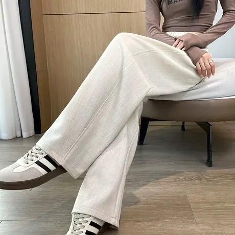 棉麻西装裤女春季新款高腰显瘦休闲松紧腰垂感梨形身材阔腿长裤子商品大图