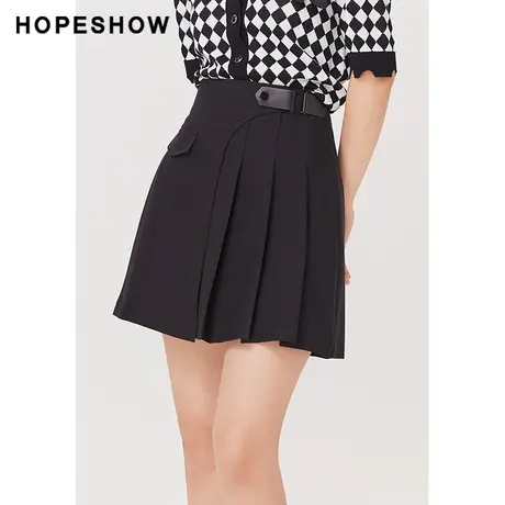 红袖outlets黑色百褶裙hopeshow2023夏季新款女装不规则高腰短裙商品大图