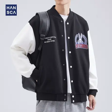 hansca撞色开衫卫衣男秋冬款宽松潮牌字母刺绣学院风棒球服外套男商品大图