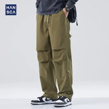 hansca军绿色工装休闲裤男秋季日系直筒宽松户外抽绳设计感伞兵裤商品大图