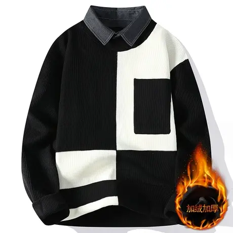 2023秋冬季新款男士加绒加厚假两件针织衫潮流个性男装毛衣打底衫商品大图