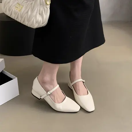 法式晚风气质银色通勤单鞋女2024春季新款粗跟玛丽珍小皮鞋子商品大图