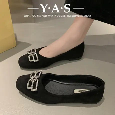 法式低跟方头水钻单鞋女鞋子2024年春季平底黑色小皮鞋通勤晚晚鞋商品大图