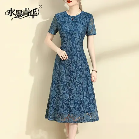 水墨青华2024夏季新品连身裙修身裙子气质蕾丝裙百搭收腰连衣裙女图片