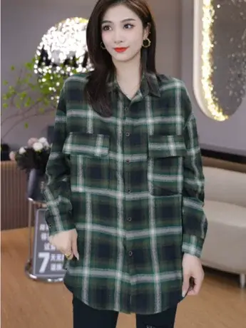 2024春季新款气质复古格子衬衫设计感小众宽松休闲百搭长袖上衣女商品大图