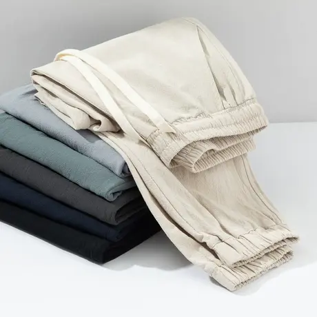 透气性 麻棉不缺席 春夏男士纯色简约宽松复古亚麻休闲裤 长裤 潮商品大图