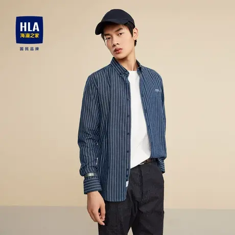 HLA/海澜之家竖条纹长袖休闲衬衫秋季清新舒适简约大气衬衣男图片