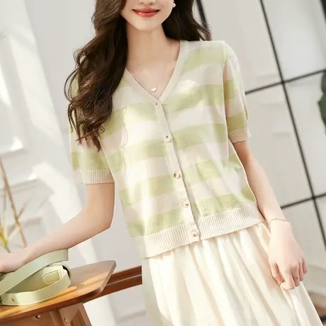 时尚气质温柔针织短袖开衫2023年夏季新款女简约修身薄款V领上衣图片